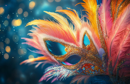 Vibrant feathers in pink, blue, and orange display sparkling glitter, set against a dreamy bokeh background filled with warm tones, creating a lively festive atmosphere.の素材