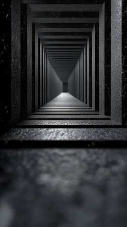 The view captures a long corridor formed by dark rectangular shapes that recede into the distance. A soft light illuminates the end of the tunnel, creating a striking contrast against the shadows.の素材