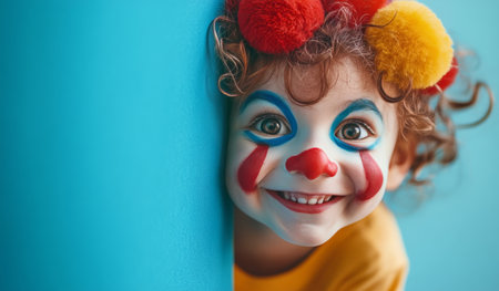 A young child wearing a colorful clown outfit and makeup leans against a bright blue wall, exuding joy and fun. The bright colors and expression create a festive atmosphere.の素材