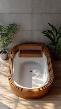 A sleek, oval white bathtub is nestled within a stylish wooden frame. Sunlight casts shadows on the smooth surface, enhancing the contemporary aesthetic of the bathroom.の素材