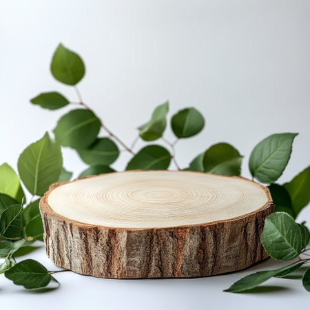 A round wooden slice with detailed rings sits at the center, accompanied by vibrant green leaves. The soft white backdrop enhances the natural elements, creating a serene atmosphere.の素材