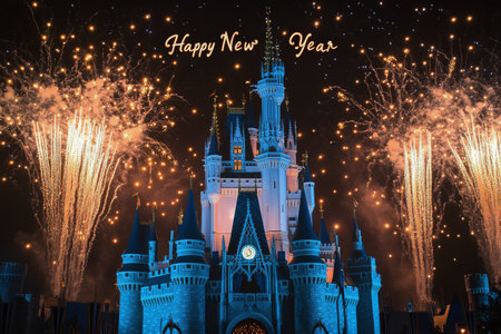 Bright golden fireworks burst against a dark background, celebrating the New Year. Sparkling lights and shimmering decorations create a festive atmosphere for welcoming a fresh start.の素材