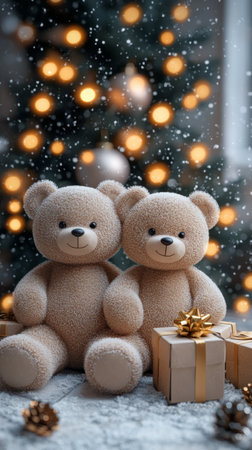 A pair of soft teddy bears sits close together among colorful wrapped gifts beneath a beautifully lit Christmas tree. The warm atmosphere highlights festive decorations and holiday cheer.の素材