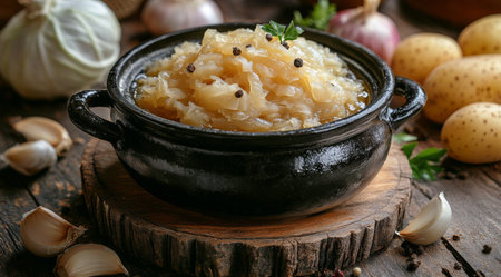 A bowl of freshly prepared sauerkraut sits on a wooden board, surrounded by garlic, potatoes, and fresh herbs. The dish looks inviting and ready to serve in a cozy kitchen setting.の素材
