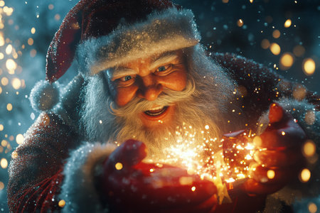 A cheerful Santa Claus holds a beautifully wrapped gift while surrounded by twinkling lights and colorful decorations. The ambiance captures the magic of the holiday season.の素材