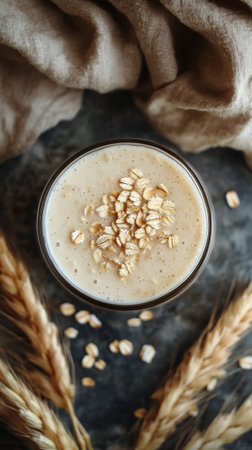 A jar filled with creamy oat milk sits atop a textured background. Surrounding it are scattered oats and whole hazelnuts, creating a natural, wholesome setting ideal for a healthy lifestyle.の素材