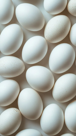 Multiple white eggs are arranged in a neat pattern on a soft, light colored surface, illuminated by natural daylight, creating a serene and simple composition.の素材