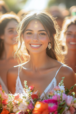 The bride, beaming with happiness, stands at the forefront with a colorful bouquet. Her bridesmaids smile behind her, illuminated by warm sunset light in a tranquil garden setting.の素材