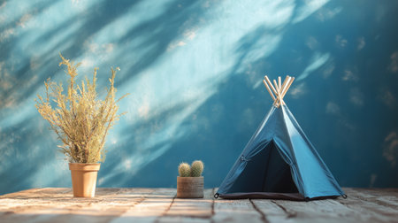 A vibrant blue tent stands prominently on a wooden dock with panoramic views of the surrounding water and sky. The scene showcases tranquil outdoor camping.の素材