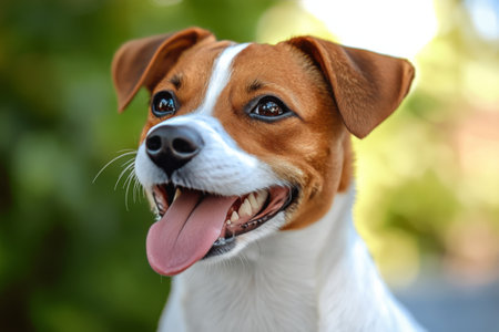 A cheerful dog with brown and white fur smiles widely as it enjoys the warm sunshine in a garden. Its tongue hangs out, showcasing its playful and friendly demeanor.の素材