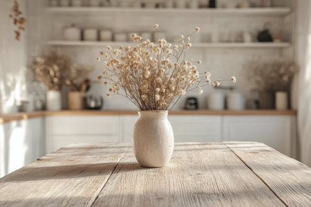 A simple vase filled with dried flowers stands on a rustic wooden table in a bright kitchen. Soft sunlight illuminates the natural tones of the decor, creating a peaceful atmosphere.の素材
