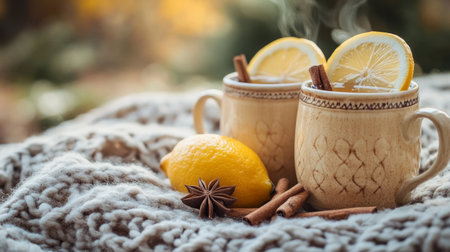 Two rustic mugs filled with aromatic spiced tea are placed on a textured knitted blanket. Each mug is garnished with a slice of lemon and cinnamon sticks, creating a warm atmosphere.の素材