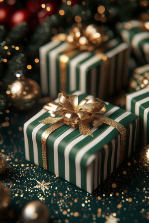 Festive gifts adorned with gold bows sit on a table decorated with sparkling ornaments and greenery. The atmosphere is warm and inviting, perfect for the holiday season.の素材