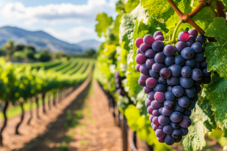 A close up view of ripe golden grapes hanging in a vineyard, illuminated by sunlight. The grapes are clustered tightly together, surrounded by green leaves, showing late summer growth.の素材