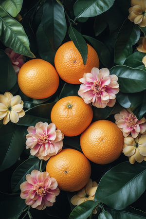 Fresh oranges resting among lush green leaves and bright flowers create a vibrant display. The arrangement brings together natures beauty in a lively setting, showing seasonal fruit.の素材