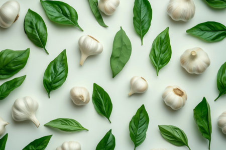 A line of garlic bulbs surrounded by fresh green leaves is displayed on a white background, highlighting culinary textures and natural colors. This setup emphasizes cooking ingredients and freshness.の素材