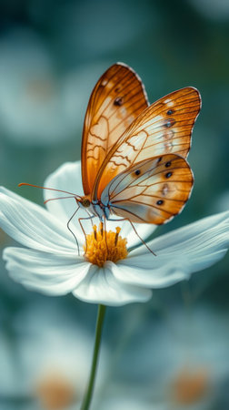 A butterfly with orange and black markings delicately lands on a white flower, sipping nectar in a peaceful garden filled with vibrant greenery and soft sunlight.の素材