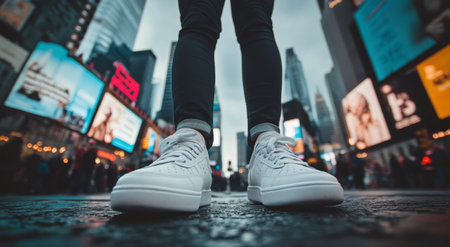 In the heart of Times Square, a person stands with white sneakers visible, gazing at colorful billboards under a light rain. The bustling atmosphere is filled with people and bright lights.の素材