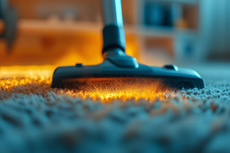 A vacuum cleaner is actively cleaning a soft, plush carpet in a contemporary living room. Dust and debris are being effectively removed, enhancing the rooms cleanliness and comfort.の素材