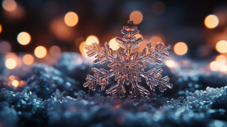 A unique snowflake is positioned atop a bed of ice crystals, illuminated by a warm, soft glow in the background. This captivating visual highlights the intricate details of the snowflake.の素材