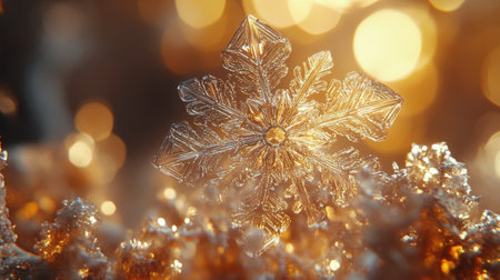 A unique snowflake is positioned atop a bed of ice crystals, illuminated by a warm, soft glow in the background. This captivating visual highlights the intricate details of the snowflake.の素材