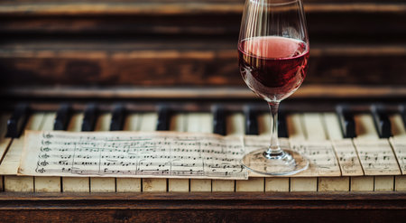 A glass filled with red wine is placed on a sheet of musical notes spread across a vintage piano. The warm lighting creates a cozy atmosphere perfect for inspiration.の素材
