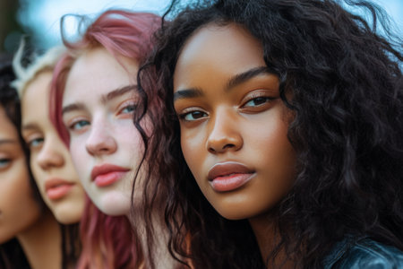 A group of four young women with distinct hairstyles and skin tones stands outdoors on a bright day. They exude confidence and friendship, showing their individuality in a casual setting.の素材