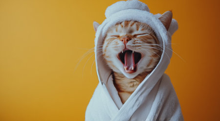 A domestic cat wearing a fluffy white towel is yawning widely, showing its cheerful expression. The vibrant orange background adds warmth to the cozy setting.の素材