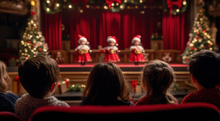 A group of children sits in an audience, captivated by a Christmas puppet show. Colorful puppets dressed in holiday attire perform on stage, delighting the young spectators.の素材