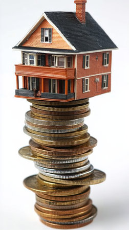 A model house sits atop a tower of coins, symbolizing the balance between housing investment and financial growth. The scene reflects the relationship between property value and money management.の素材