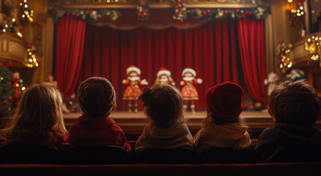 A group of children sits in an audience, captivated by a Christmas puppet show. Colorful puppets dressed in holiday attire perform on stage, delighting the young spectators.の素材