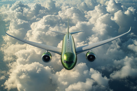 An aircraft gracefully navigates through fluffy clouds during a warm late afternoon, showcasing its wings against a backdrop of golden sunlight illuminating the sky.の素材