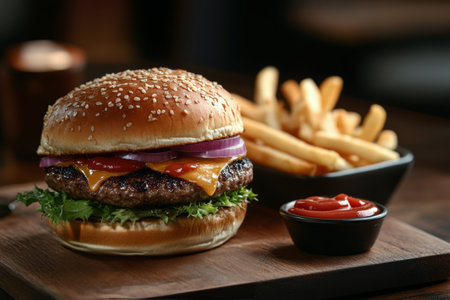 A mouthwatering cheeseburger topped with lettuce, onion, and melted cheddar rests on a wooden board beside a bowl of crispy fries and a small serving of ketchup.の素材
