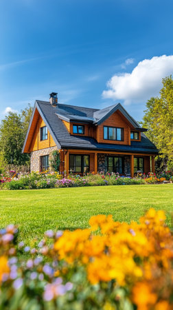 A charming wooden house features large windows and a stone facade, set in a lush garden filled with blooming flowers under a clear blue sky. The warm sunlight enhances the inviting atmosphere.の素材