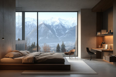 A spacious bedroom features a large window showing breathtaking snow capped mountains. The minimalist design includes simple furnishings, creating a serene atmosphere.の素材