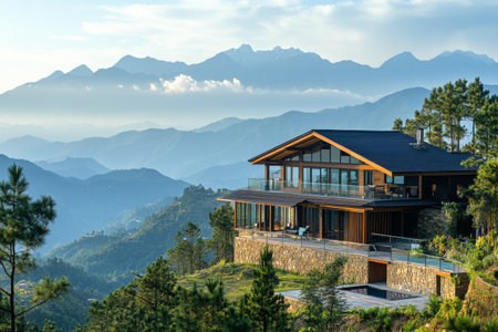 A charming rustic home sits among greenery, offering stunning views of distant mountains under a bright sky. The location showcases natural beauty and tranquility perfect for relaxation.の素材