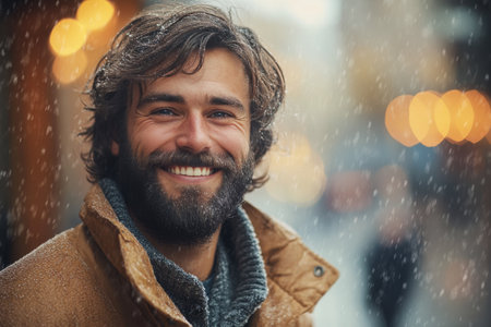 Wearing a warm yellow jacket and a knitted hat, a bearded man smiles joyfully as snowflakes fall around him. The urban setting features blurred lights in the background, creating a festive atmosphere.の素材