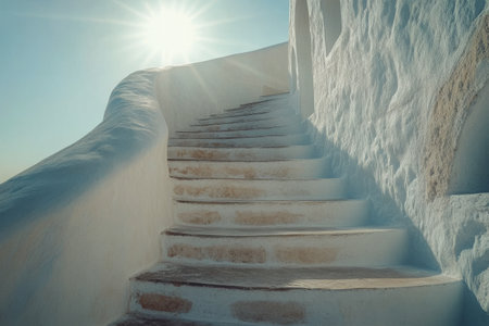 A set of weathered stone steps ascends towards a vibrant sun, framed by whitewashed walls in a tranquil Mediterranean location, evoking a sense of peace and warmth.の素材