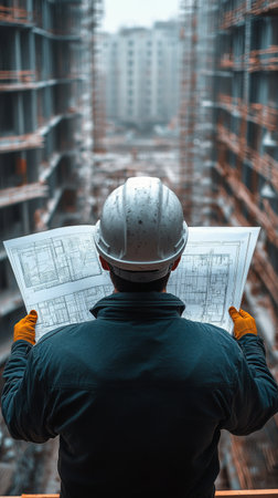 A construction worker stands in a high rise building frame, examining blueprints while surrounded by unfinished structures. Cold weather adds a layer of challenge to the task.の素材
