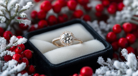 A beautiful diamond engagement ring is elegantly presented in a black velvet box, surrounded by vibrant red berries and frosted evergreen, creating a festive and romantic atmosphere.の素材