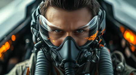 Concentrated pilot wearing a flight helmet and visor sits in a modern jet cockpit. Dials and screens illuminate, highlighting the intensity of the upcoming flight.の素材