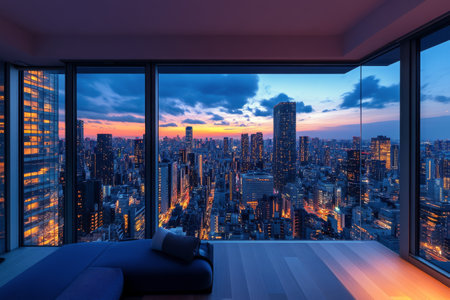 The vibrant city skyline glows at dusk from a high vantage point. The lights reflect off buildings and roads, creating a breathtaking twilight atmosphere with a picturesque sky.の素材