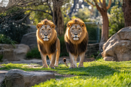 Two lions with impressive manes walk closely together in their natural habitat, surrounded by green grass and mud, under an overcast sky. Their alert expressions suggest curiosity and strength.の素材