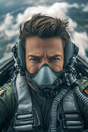 The fighter pilot is ready in the cockpit, wearing a helmet and oxygen mask, focused on the mission ahead. The cloudy sky serves as a backdrop for this intense moment in aviation.の素材