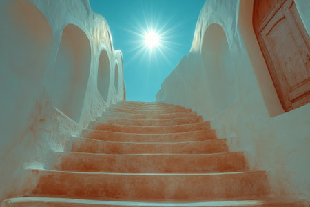 A set of weathered stone steps ascends towards a vibrant sun, framed by whitewashed walls in a tranquil Mediterranean location, evoking a sense of peace and warmth.の素材