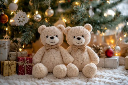 Two soft, knitted teddy bears are positioned beside a beautifully decorated Christmas tree filled with lights and ornaments.の素材