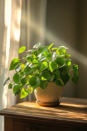 Bright sunlight casts shadows on a healthy pothos plant placed on a wooden table. The green leaves show vitality and add a natural touch to the warm interior environment.の素材