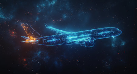 A luminous airplane design floats in a dark, starry void. Its wireframe appears illuminated with glowing blue lights, showcasing a blend of technology and creativity as it travels through the cosmos.の素材