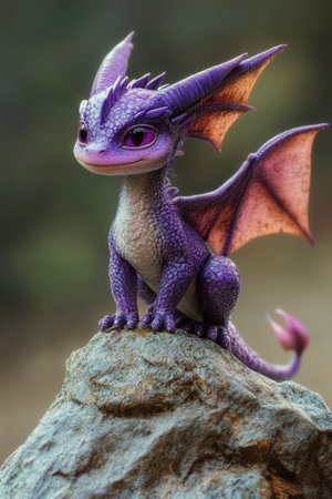 A small, dragon inspired creature with purple skin and prominent wings sits confidently on a rock in a natural environment. It showcases its vibrant colors under bright sunlight.の素材
