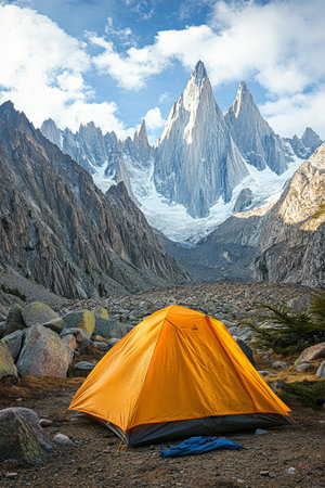 A vibrant yellow tent is pitched on rocky ground, surrounded by towering mountains and a clear blue sky. Snow capped peaks rise dramatically in the background, showing stunning natural beauty.の素材